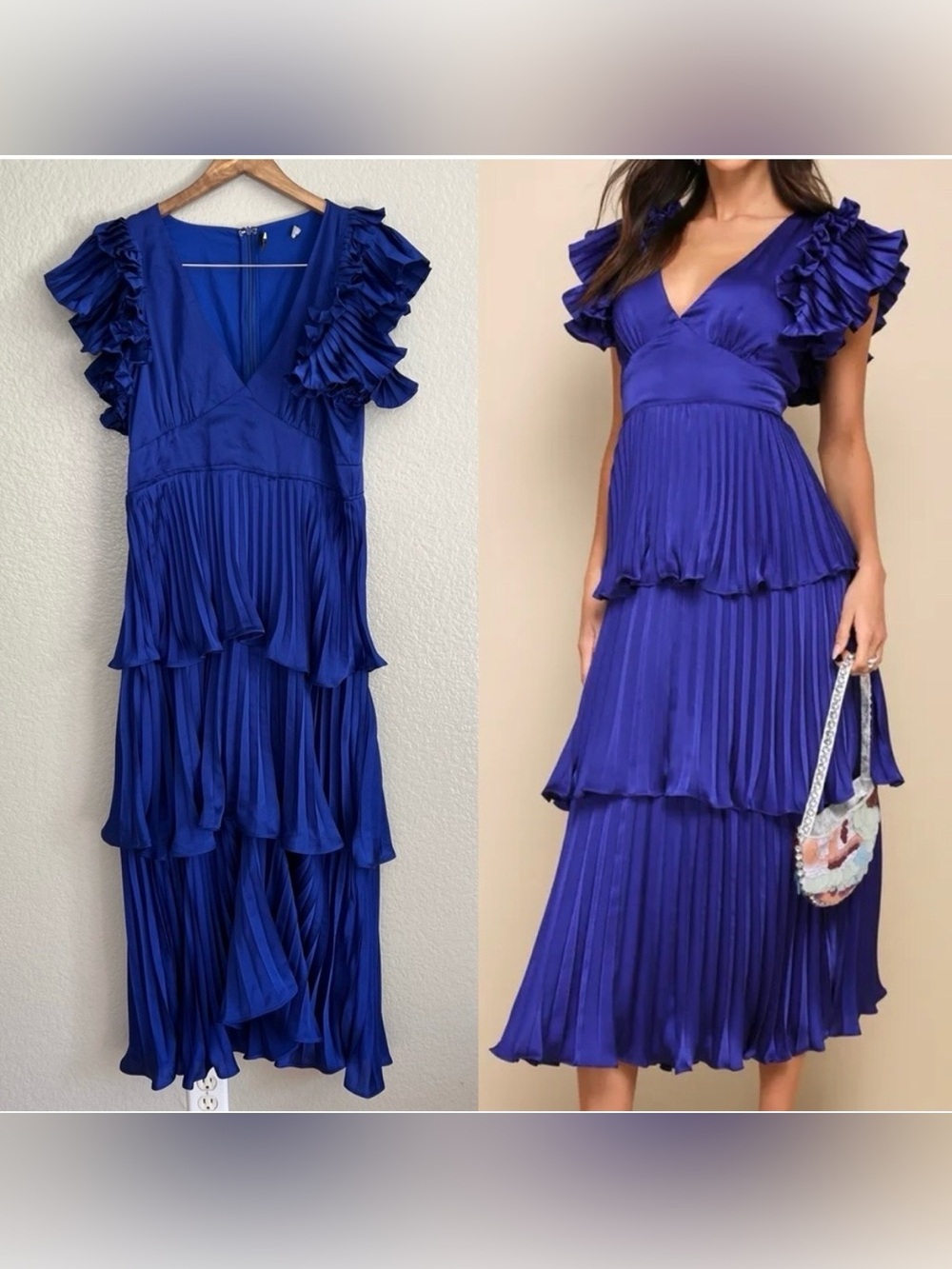 Lulu’s Ruffled Tiered Midi Dress in Royal Blue - V-Neck